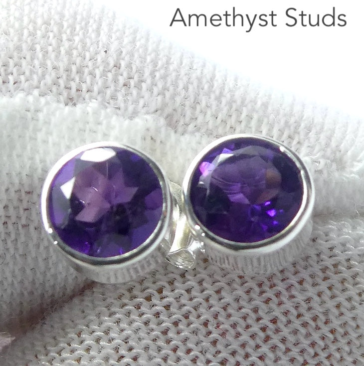 Amethyst Studs | Faceted Rounds | 925 Sterling Silver | Bezel Set | Balance & Harmony | 3rd Eye Vision | Aquarius | Pisces | Crystal Heart Melbourne est 1986

