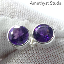 Load image into Gallery viewer, Amethyst Studs | Faceted Rounds | 925 Sterling Silver | Bezel Set | Balance &amp; Harmony | 3rd Eye Vision | Aquarius | Pisces | Crystal Heart Melbourne est 1986
