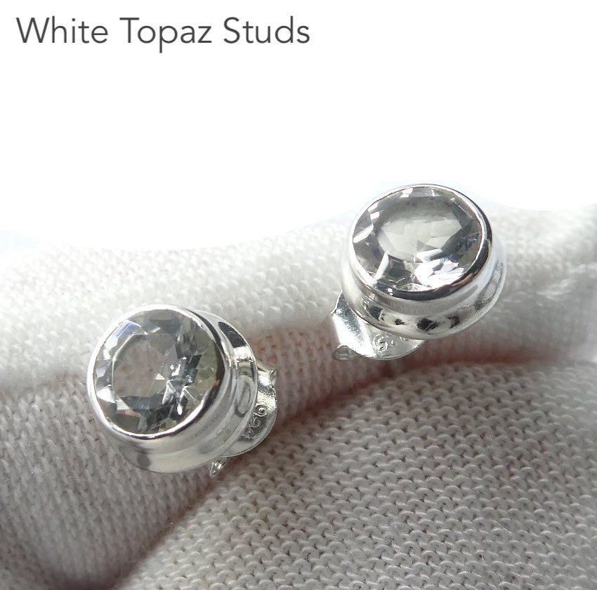 White Topaz Studs | Faceted Rounds | 925 Sterling Silver | Bezel Set | White Light | Manifestation | Sagittarius | Aries | Crystal Heart Melbourne est 1986
