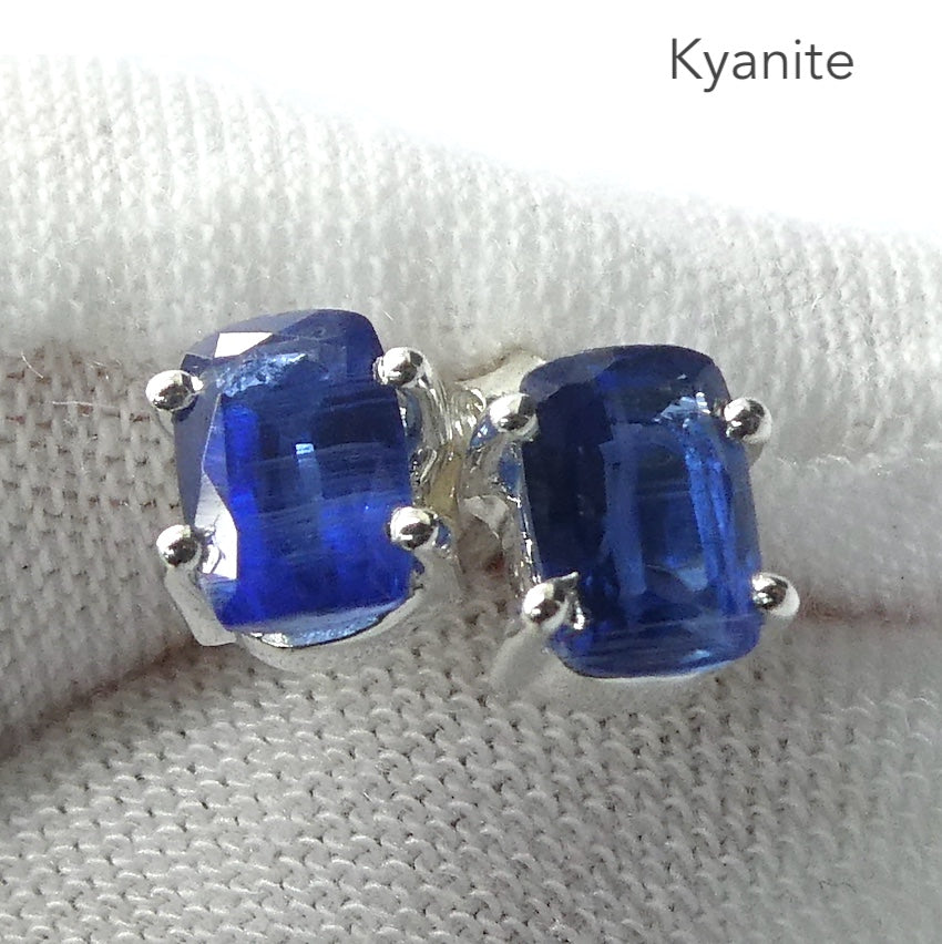 Blue Kyanite Studs | Gemmy Sapphire Blue | Oblong Cushion Cut  | 925 Sterling | Prong Set | Focus | Manifest | EMF Protection | Crystal Heart Australia est 1986