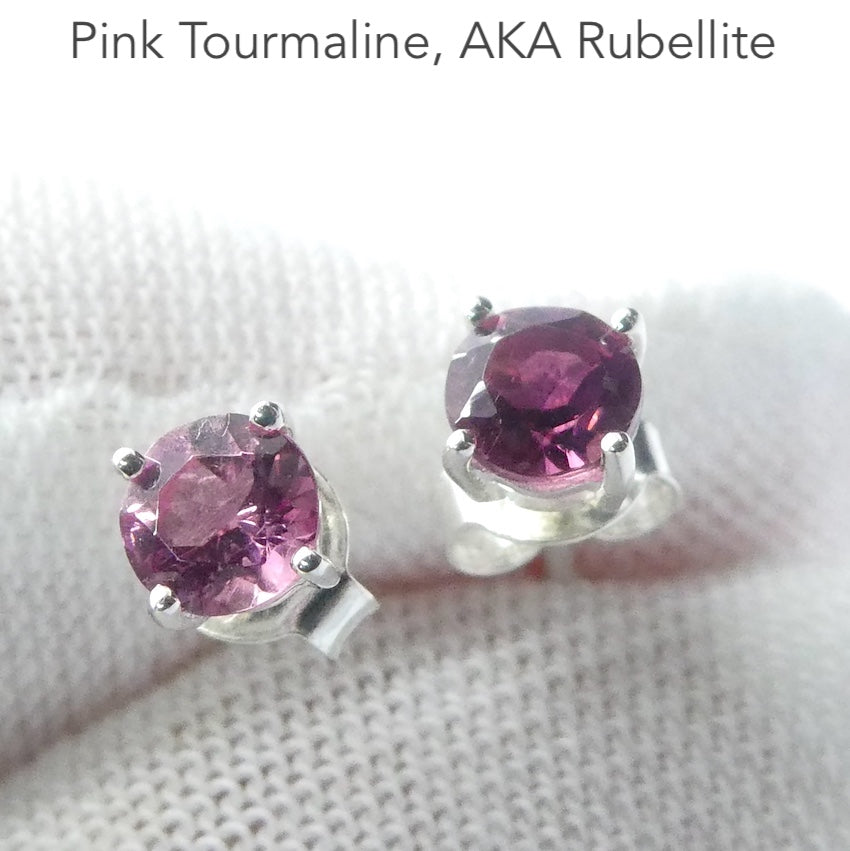 Tourmaline Studs, Pink Rubellite, Faceted Rounds, 925 Sterling Silver