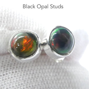 Black Opal Studs | Ethiopian | Mainly Red Flashes | Simple Bezel Setting | 925 Silver | Genuine Gems from Crystal Heart Australia 1986