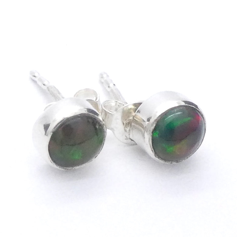 Ethiopian Black Opal Studs, Round Cabochons, 925 Sterling Silver, r1