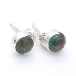 Ethiopian Black Opal Studs, Round Cabochons, 925 Sterling Silver, r1