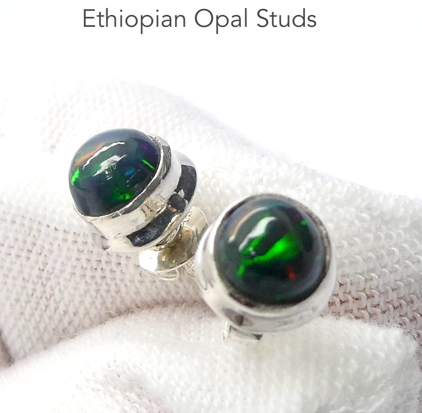 Ethiopian Black Opal Studs, Round Cabochons, 925 Sterling Silver, r2
