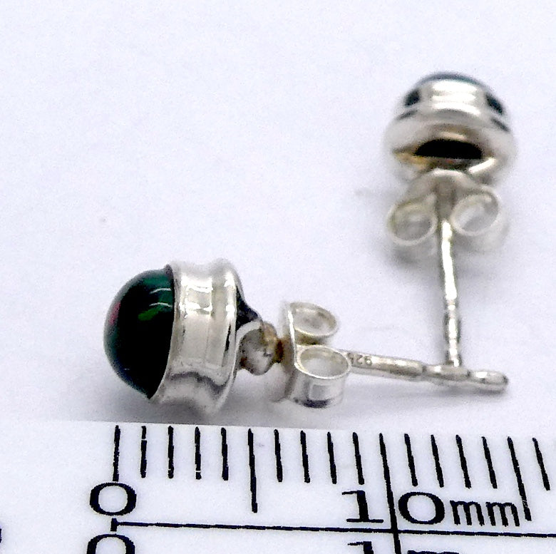 Ethiopian Black Opal Studs, Round Cabochons, 925 Sterling Silver, r2