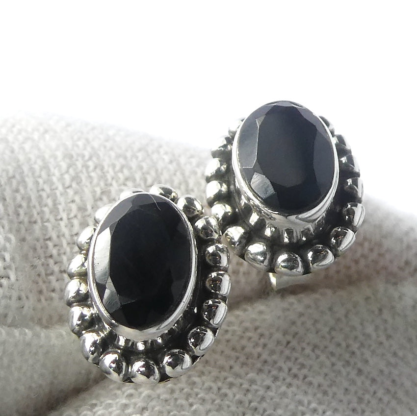 Black Onyx Stud Earrings | 5 x 7 mm faceted ovals | 925 Sterling Silver | Wisdom Protection | Harmony & Power | Leo | Capricorn | Crystal Heart Melbourne est 1986