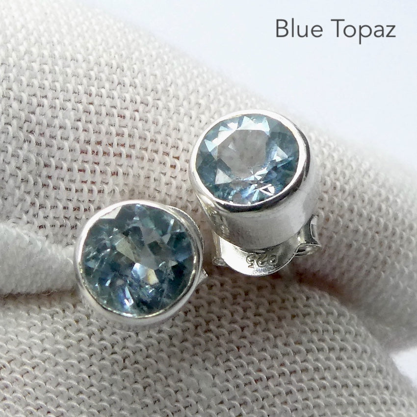Blue Topaz Studs | Faceted Rounds | 925 Sterling Silver | Joy | For Mental Fatigue, Stress | Throat Chakra | Sagittarius Scorpio | Crystal Heart Melbourne 1986