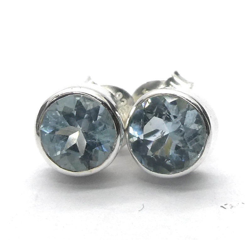 Blue Topaz Studs | Faceted Rounds | 925 Sterling Silver | Joy | For Mental Fatigue, Stress | Throat Chakra | Sagittarius Scorpio | Crystal Heart Melbourne 1986