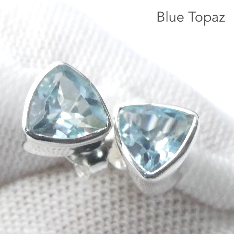 Blue Topaz Studs | Faceted Trilliants | 925 Sterling Silver | Joy | For Mental Fatigue, Stress | Throat Chakra | Sagittarius Scorpio | Crystal Heart Melbourne 1986