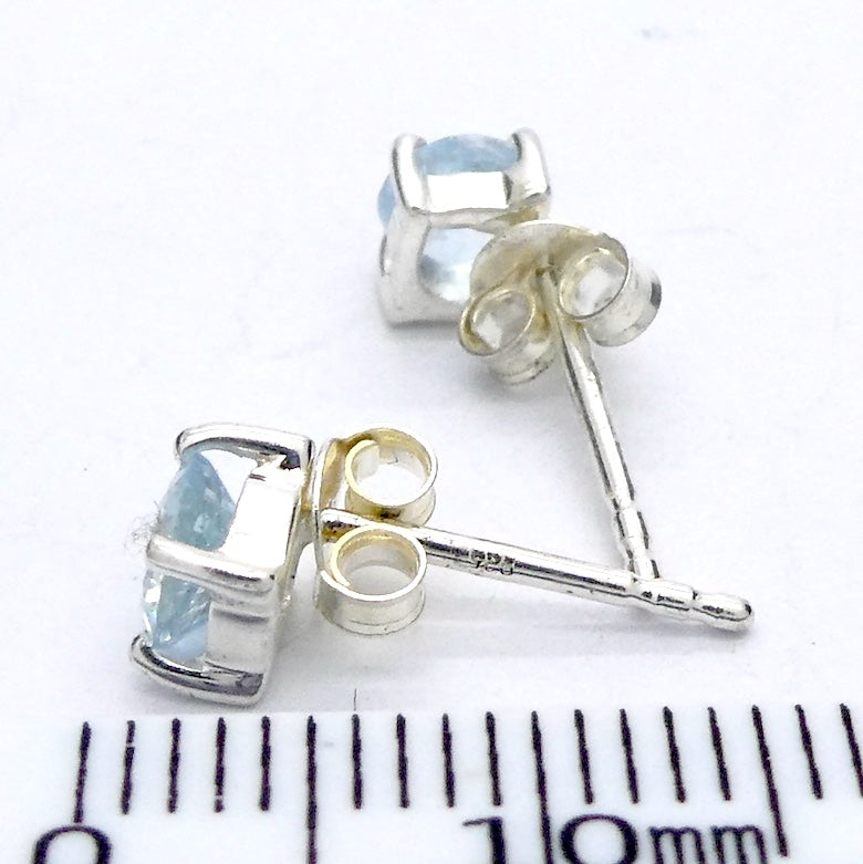 Aquamarine Earrings | Faceted 5 mm rounds | 925 Sterling Silver | Safe Travel | Soft Emotional Power | Expression | Crystal Heart Melbourne Australia since 1986