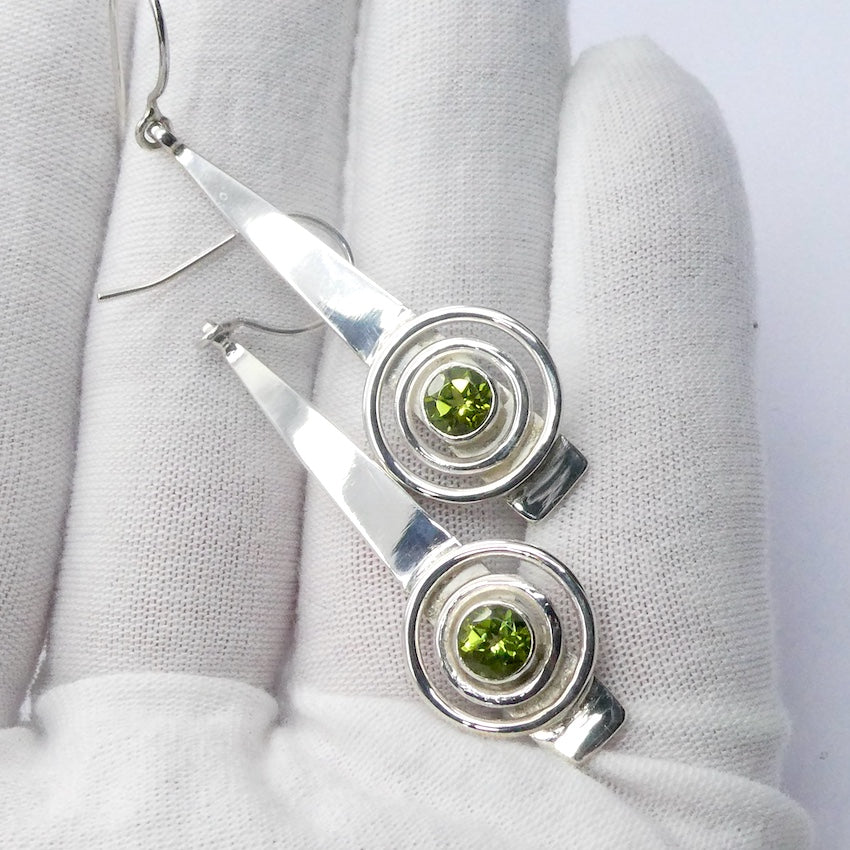 Peridot Gemstone Earrings | Faceted Round on long Silver Shaft | 925 Sterling Silver | Dangling but light weight | Genuine Gems from Crystal Heart Melbourne Australia since 1986
