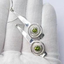 Load image into Gallery viewer, Peridot Gemstone Earrings | Faceted Round on long Silver Shaft | 925 Sterling Silver | Dangling but light weight | Genuine Gems from Crystal Heart Melbourne Australia since 1986
