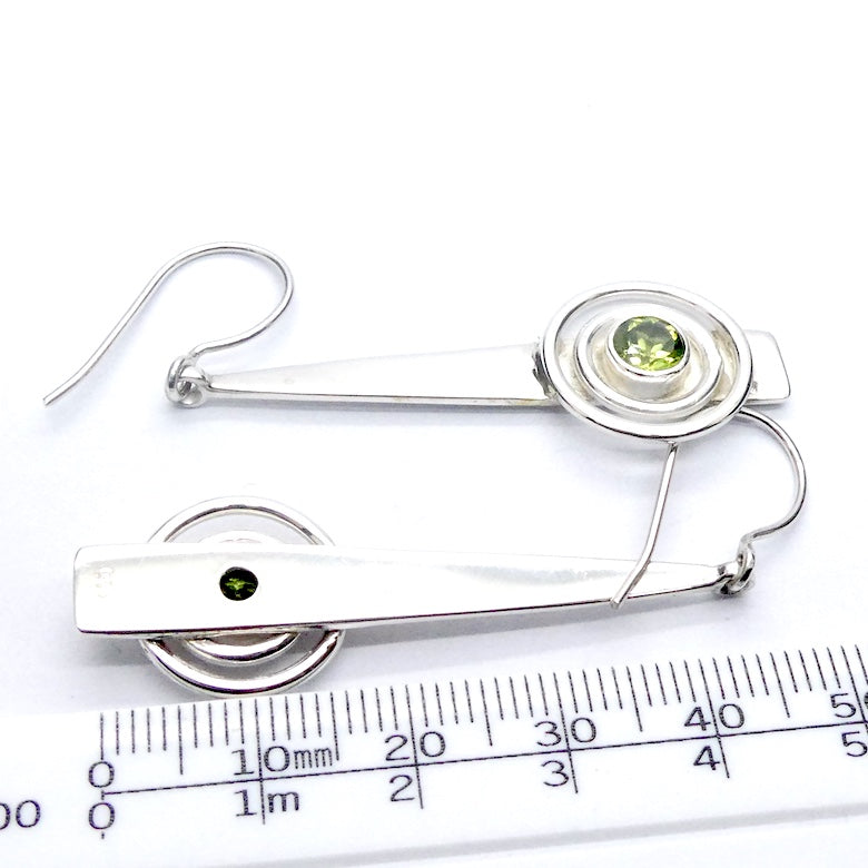 Peridot Gemstone Earrings | Faceted Round on long Silver Shaft | 925 Sterling Silver | Dangling but light weight | Genuine Gems from Crystal Heart Melbourne Australia since 1986
