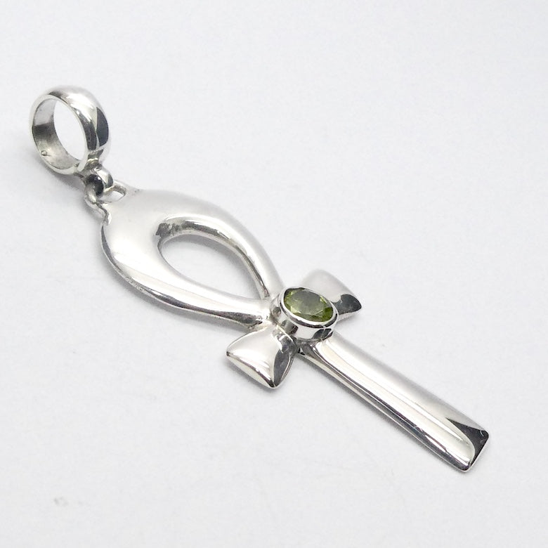 Ankh Pendant with Faceted Peridot Round, 925 Sterling Silver