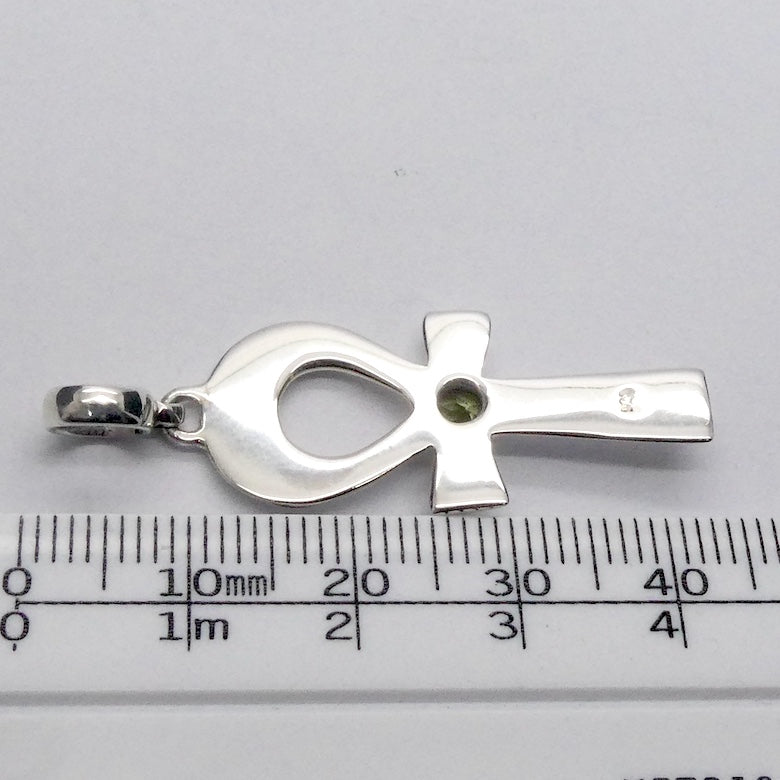 Ankh Pendant with Faceted Peridot Round, 925 Sterling Silver