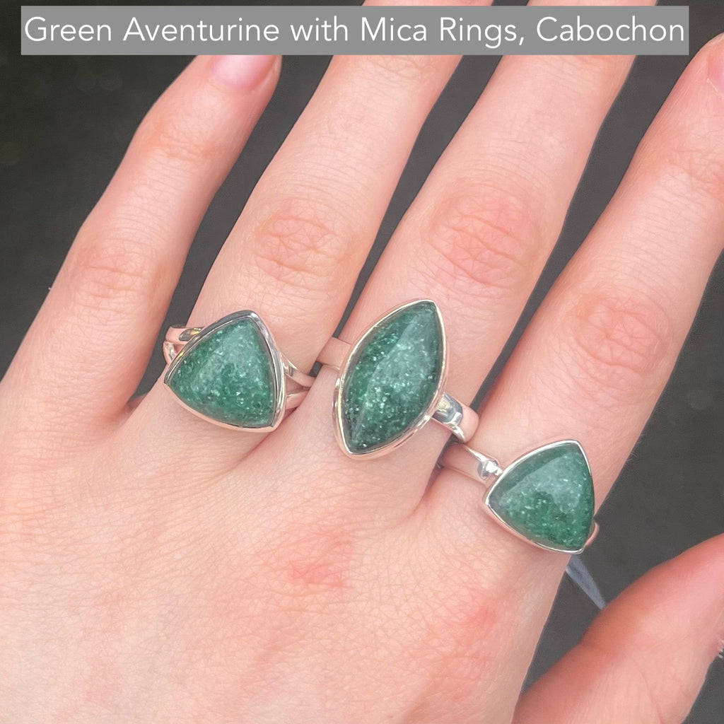 Green Aventurine Rings, with Mica, Cabochon, 925 Silver