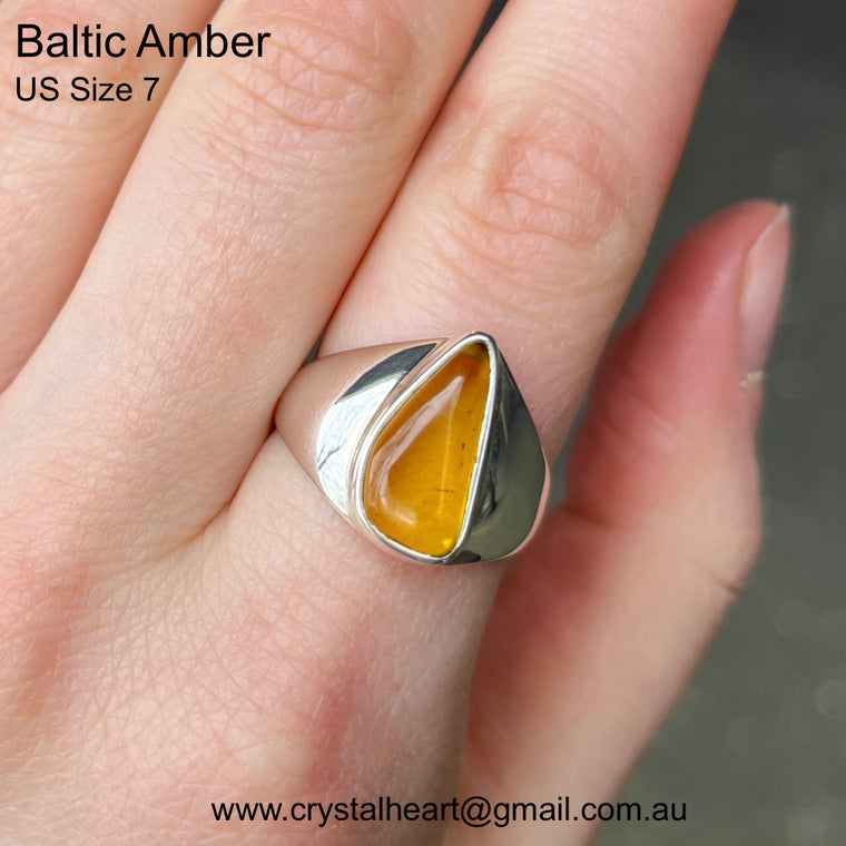 Amber Ring, Baltic, Signet Style, Freeform Nugget, 925 Silver