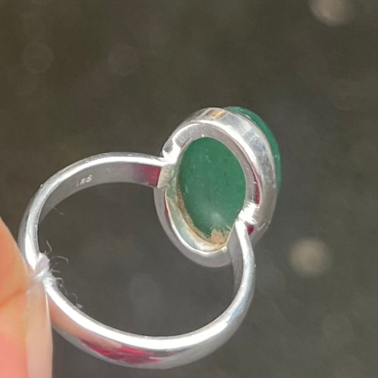 Oval Cabochon of Green Aventurine | Ring | US Size 7, 10 | AUS Size N1.2  | Good quality Sterling Silver setting | Known as The  'All Round Healer' | Plexus and Physical Heart |  more natural breathing and all the health benefits accruing from that | Genuine Gems from Crystal Heart Melbourne Australia since 1986