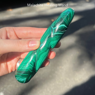 Malachite Healing Wand | Massage Energy Tool | Swirl Design | Natural Specimen, light surface polish | Organic subtle markings | detox nature healing feminine power | Genuine Gemstones from Crystal Heart Melbourne Australia since 1986