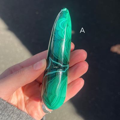 Malachite Healing Wand | Massage Energy Tool | Swirl Design | Natural Specimen, light surface polish | Organic subtle markings | detox nature healing feminine power | Genuine Gemstones from Crystal Heart Melbourne Australia since 1986