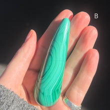 Load image into Gallery viewer, Malachite Healing Wand | Massage Energy Tool | Swirl Design | Natural Specimen, light surface polish | Organic subtle markings | detox nature healing feminine power | Genuine Gemstones from Crystal Heart Melbourne Australia since 1986