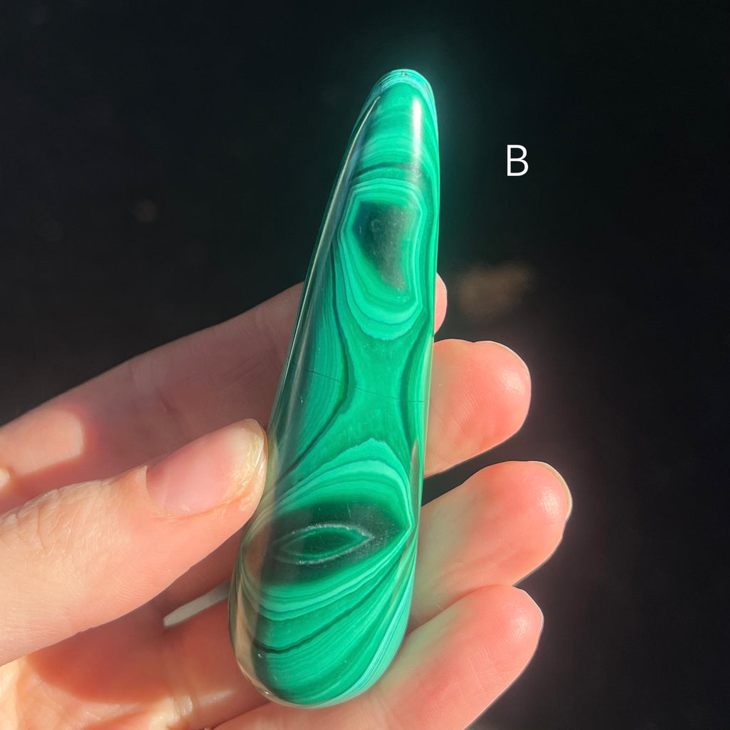 Malachite Healing Wand | Massage Energy Tool | Swirl Design | Natural Specimen, light surface polish | Organic subtle markings | detox nature healing feminine power | Genuine Gemstones from Crystal Heart Melbourne Australia since 1986