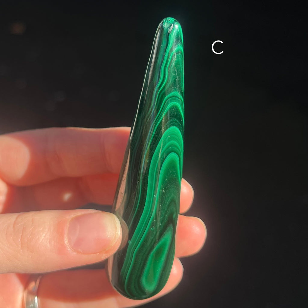 Malachite Healing Wand | Massage Energy Tool | Swirl Design | Natural Specimen, light surface polish | Organic subtle markings | detox nature healing feminine power | Genuine Gemstones from Crystal Heart Melbourne Australia since 1986