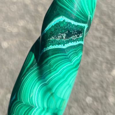 Malachite Healing Wand | Massage Energy Tool | Swirl Design | Natural Specimen, light surface polish | Organic subtle markings | detox nature healing feminine power | Genuine Gemstones from Crystal Heart Melbourne Australia since 1986
