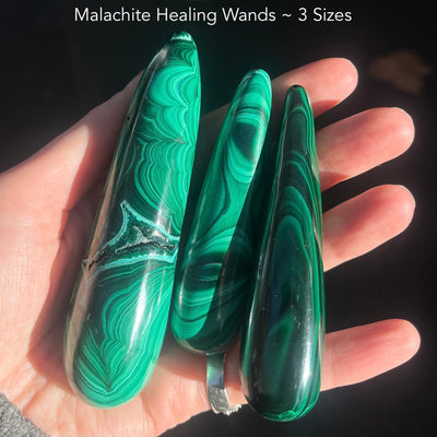 Malachite Healing Wand | Massage Energy Tool | Swirl Design | Natural Specimen, light surface polish | Organic subtle markings | detox nature healing feminine power | Genuine Gemstones from Crystal Heart Melbourne Australia since 1986
