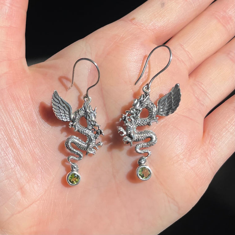 Dragon Earrings with Peridot,  925 Sterling Silver