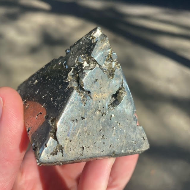 Iron Pyrite Pyramid | Contains natural pockets or caves of well formed Crystals | 60 mm | Genuine Gems from Crystal Heart Melbourne Australia since 1986