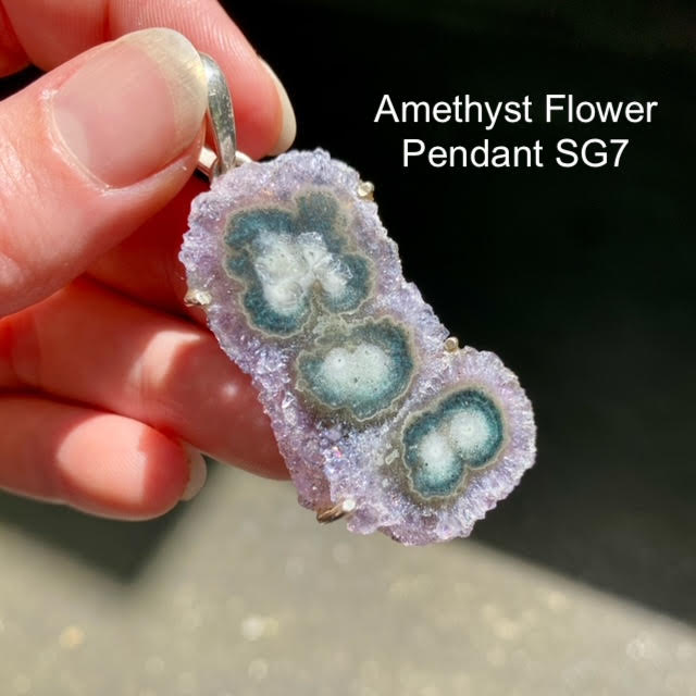 Amethyst Flower Pendant, Stalactite Slice, 925 Silver SG7