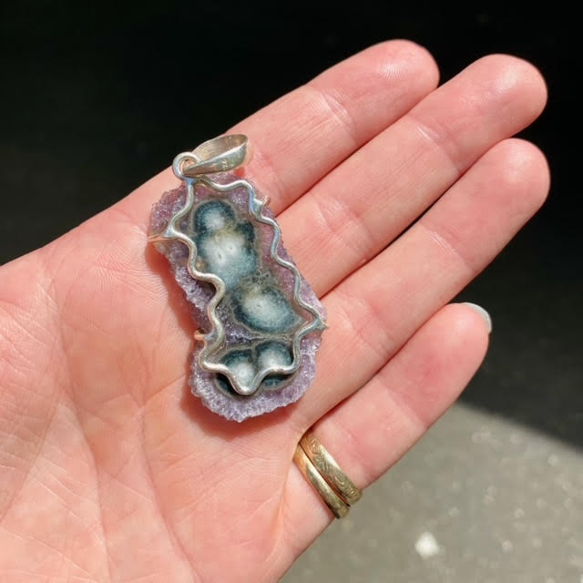 Amethyst Stalactite Slice Pendant | Crystal Flower | Uruguay | Designer Setting | Steampunk | 925 Silver | Genuine Gems from Crystal Heart Melbourne Australia since 1986