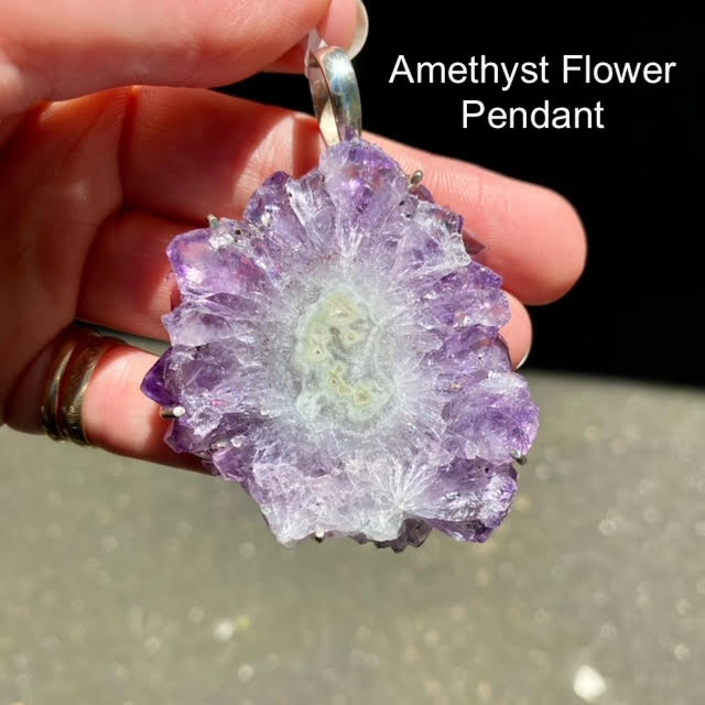 Amethyst Flower Pendant, Stalactite Slice, 925 Silver SG5