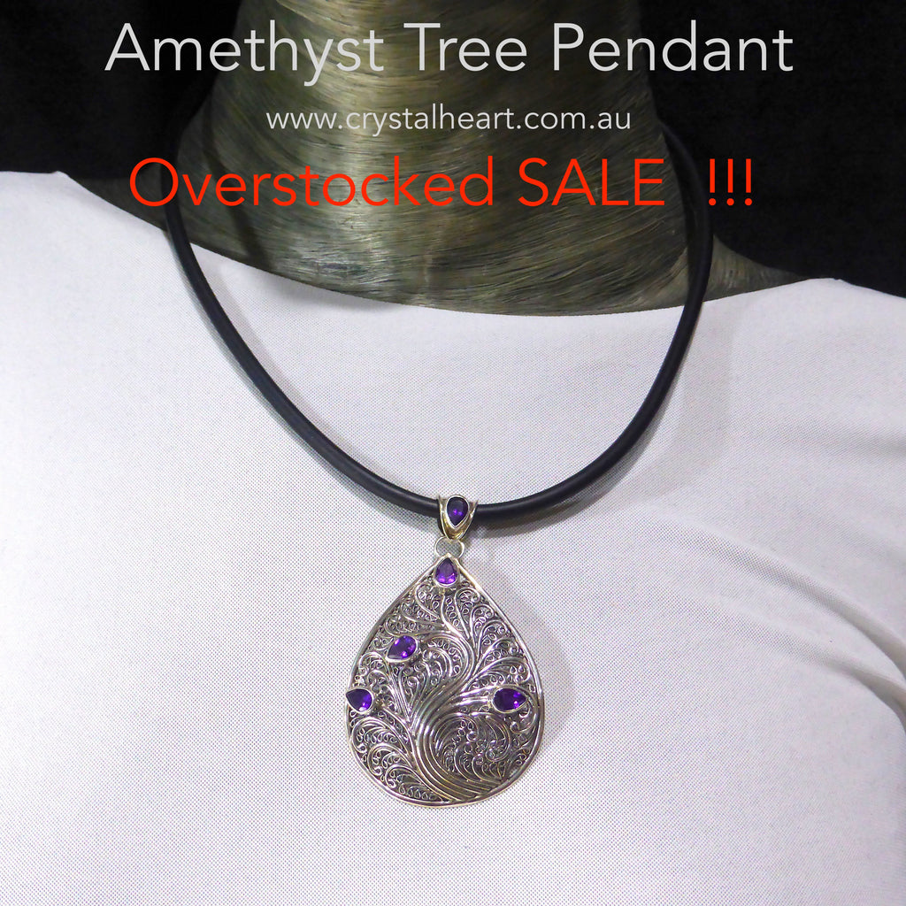 Lovely Amethyst Pendant | Fine 925 Sterling Silver Organic design reminiscent of Tree or Vine | Set with 4 faceted Teardrop Amethysts of exceptional deep purple colour | Genuine Gems from Crystal Heart Melbourne Australia since 1986