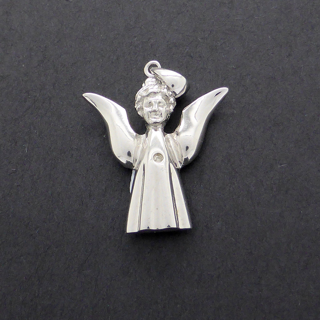Small Angel Pendant | 925 Silver | Natural Diamond in heart Chakra | White Gold plated to maintain shine | Crystal Heart Melbourne Australia since 1986
