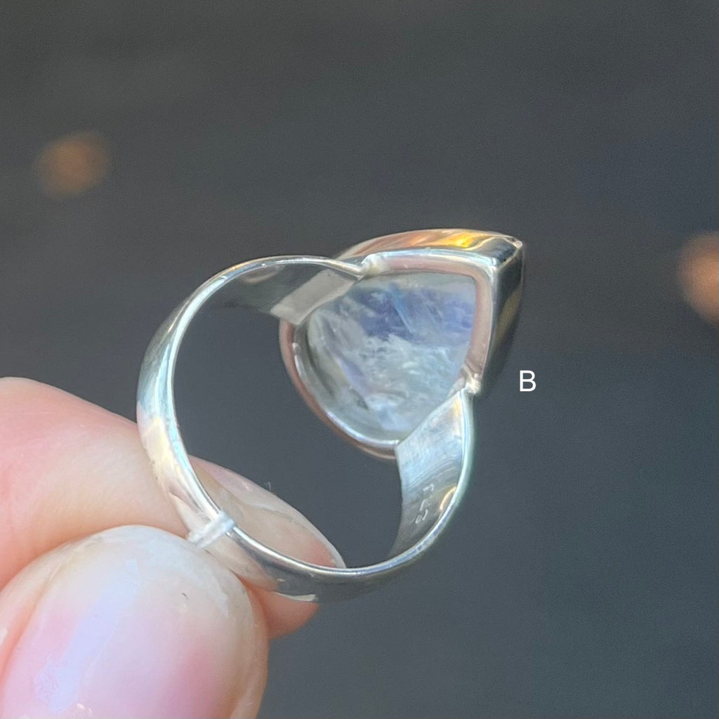 Natural Rainbow Moonstone Ring | Teardrop Cabochon | Good Transparency with Blue Flashes | Emotional Freedom | 925 Sterling Silver |  Cancer Libra Scorpio Stone | Genuine Gems from Crystal Heart Melbourne Australia 1986