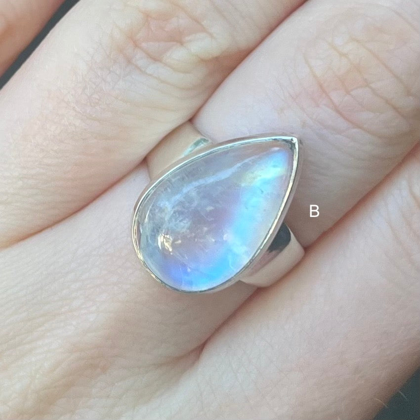 Natural Rainbow Moonstone Ring | Teardrop Cabochon | Good Transparency with Blue Flashes | Emotional Freedom | 925 Sterling Silver |  Cancer Libra Scorpio Stone | Genuine Gems from Crystal Heart Melbourne Australia 1986