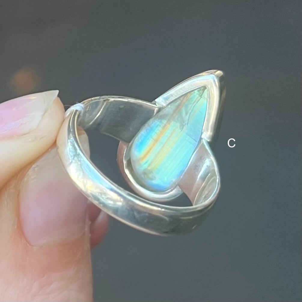 Natural Rainbow Moonstone Ring | Teardrop Cabochon | Good Transparency with Blue Flashes | Emotional Freedom | 925 Sterling Silver |  Cancer Libra Scorpio Stone | Genuine Gems from Crystal Heart Melbourne Australia 1986