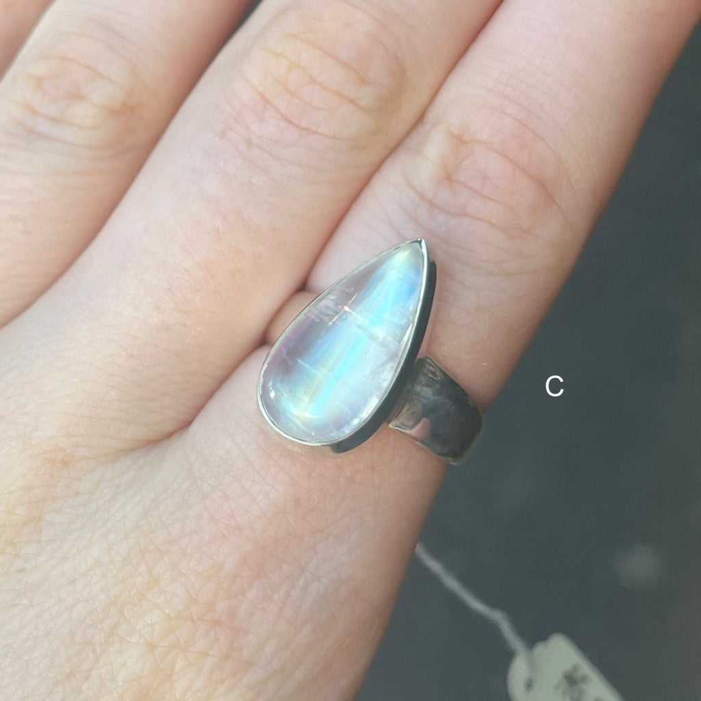 Natural Rainbow Moonstone Ring | Teardrop Cabochon | Good Transparency with Blue Flashes | Emotional Freedom | 925 Sterling Silver |  Cancer Libra Scorpio Stone | Genuine Gems from Crystal Heart Melbourne Australia 1986