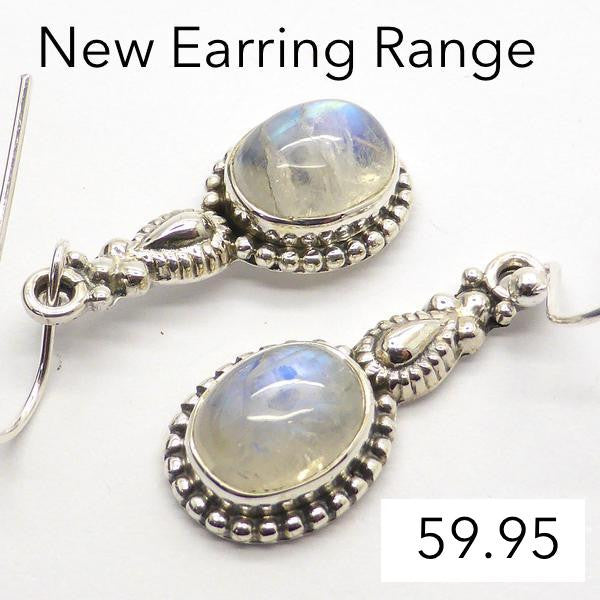 Rainbow Moonstone Gemstone Earrings | Oval Cabochon | 925 Sterling Silver | Ethnic Detail | Crystal Heart Melbourne Australia since 1986\
