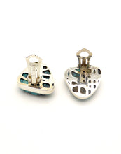 Load image into Gallery viewer, Mongolian Turquoise Clip On Earrings, 925 Silver | Italian design with Francesco&#39;s trademark organic mesh work on the back | Crystal Heart Melbourne Australia since 1986