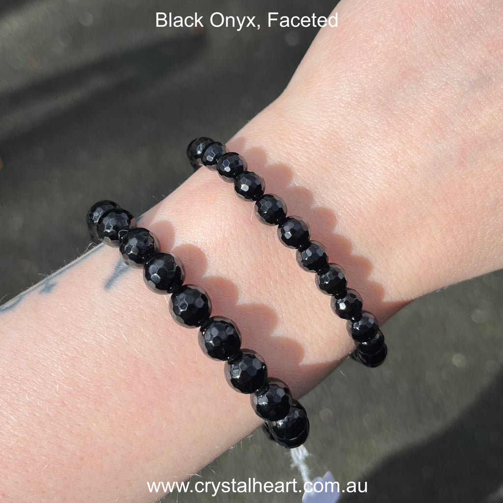Faceted Black Onyx Beads, 8 mm in a stretch bracelet | Fair trade Product made in our workshop in Thailand | Strongest elastic thread we can find | Fits any average wrist | Genuine Gems from Crystal Heart Melbourne Australia since 1986