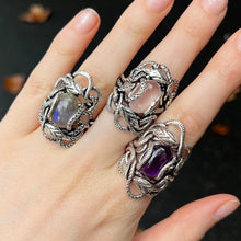 Load image into Gallery viewer, Genuine Amethyst Cabochon Ring | Wrapped in Tantric Twining of Paired Snakes | 925 Sterling Silver | Meditation | Large sizes | Crystal Heart since 1986