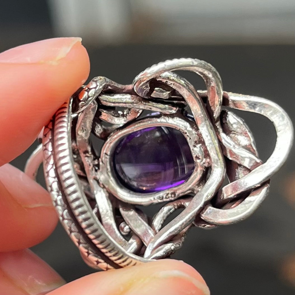 Genuine Amethyst Cabochon Ring | Wrapped in Tantric Twining of Paired Snakes | 925 Sterling Silver | Meditation | Large sizes | Crystal Heart since 1986