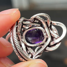 Load image into Gallery viewer, Genuine Amethyst Cabochon Ring | Wrapped in Tantric Twining of Paired Snakes | 925 Sterling Silver | Meditation | Large sizes | Crystal Heart since 1986