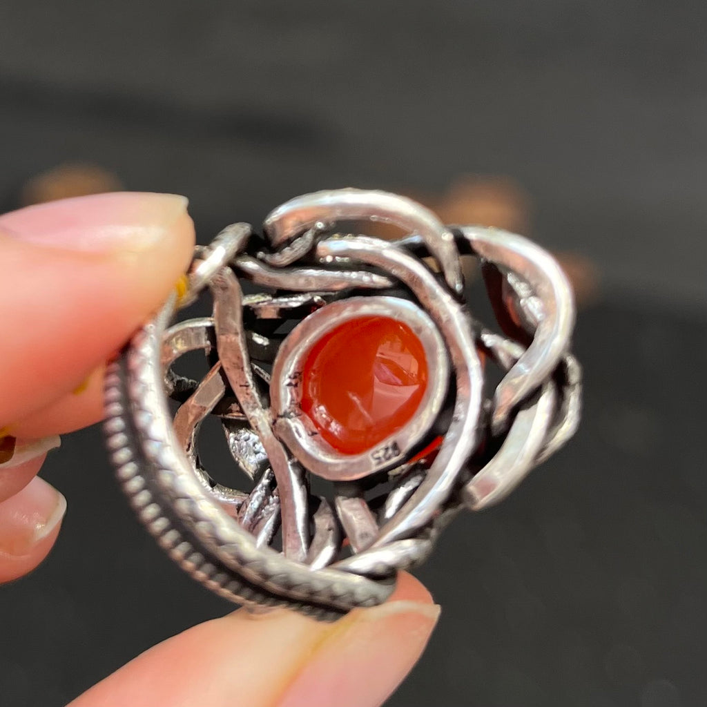 Genuine Carnelian Cabochon Ring | Wrapped in Tantric Twining of Paired Snakes | 925 Sterling Silver | Creativity Stone | Large sizes | Crystal Heart since 1986