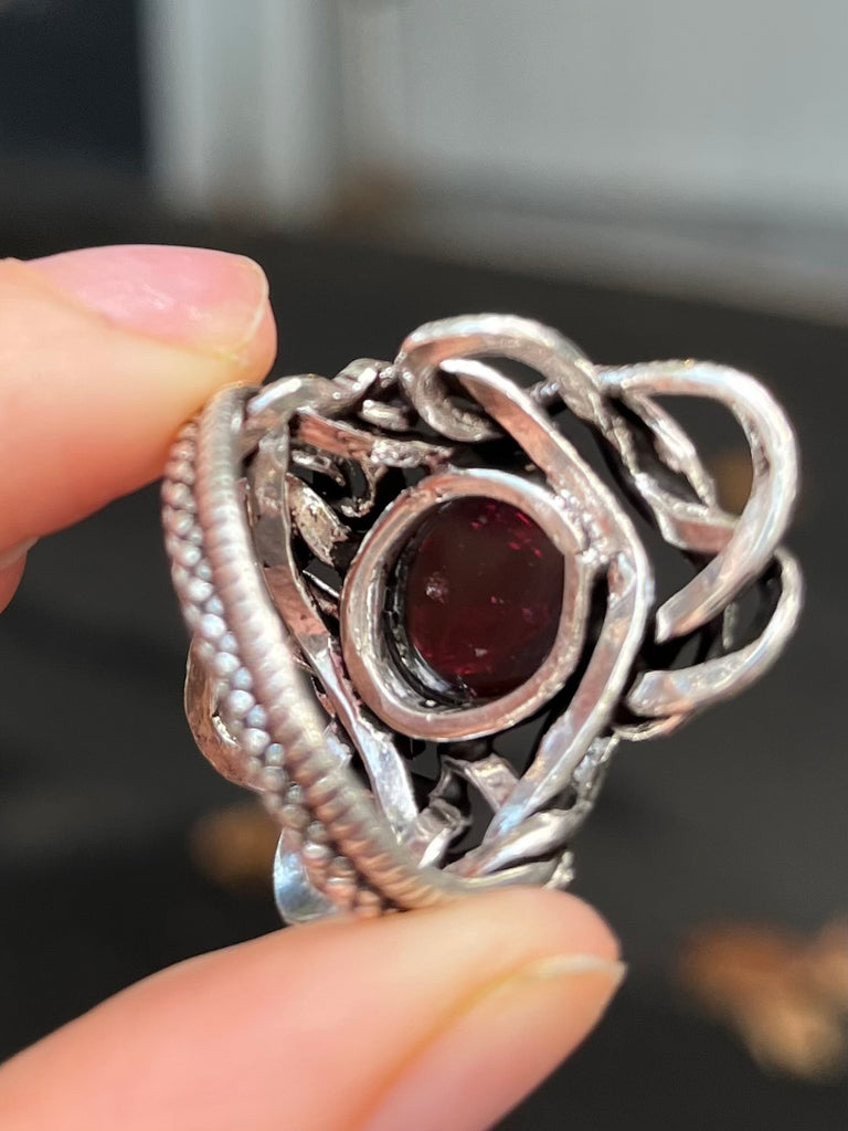 Genuine Garnet Cabochon Ring | Wrapped in Tantric Twining of Paired Snakes | 925 Sterling Silver | Passionate Stone | Large sizes | Crystal Heart since 1986
