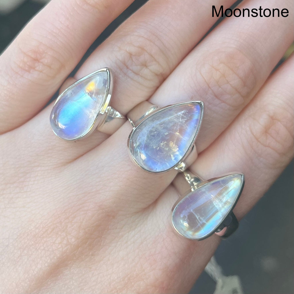 Natural Rainbow Moonstone Ring | Teardrop Cabochon | Good Transparency with Blue Flashes | Emotional Freedom | 925 Sterling Silver |  Cancer Libra Scorpio Stone | Genuine Gems from Crystal Heart Melbourne Australia 1986